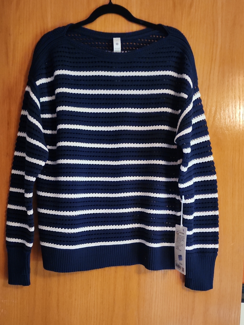 Lululemon athletica Navy and White Striped Open-Knit Crew Sweater